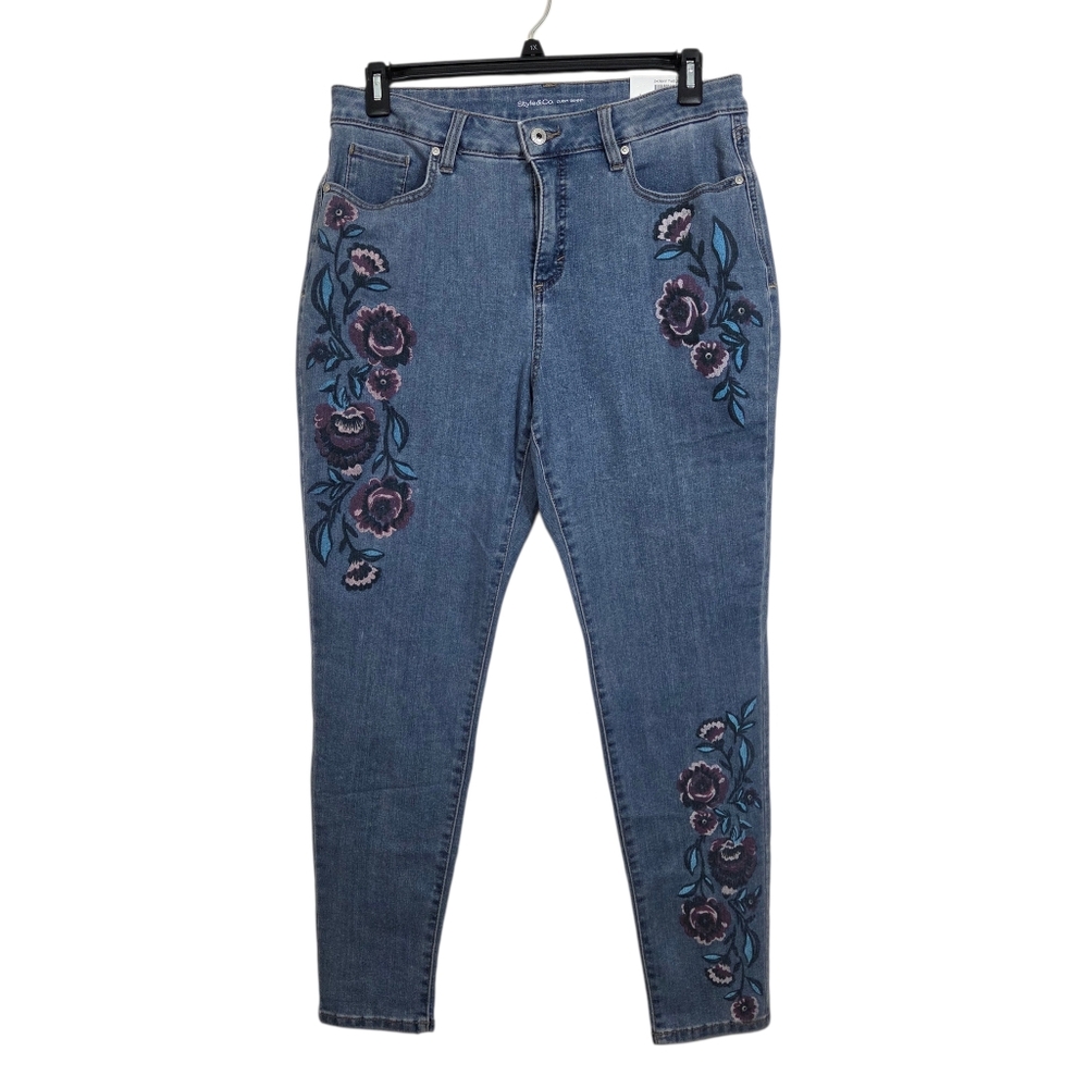 NWT Style & Co Floral Painted Jeans Curvy Skinny Slimming Size 14 Boho